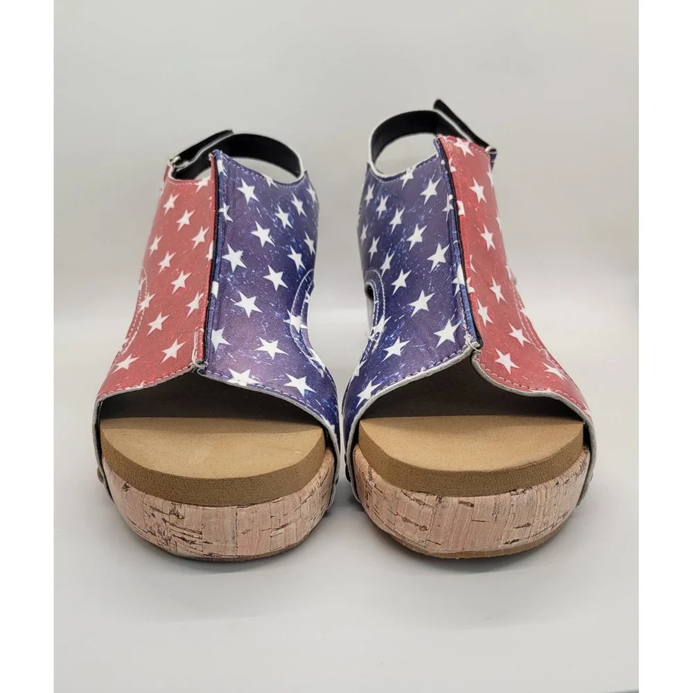 Women's American Flag Wedge Sandals EU 37 US 6 Patriotic Cork Platform Slingback